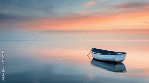Solitary Boat Floating on Calm Water at Sunrise in Tranquil Landscape