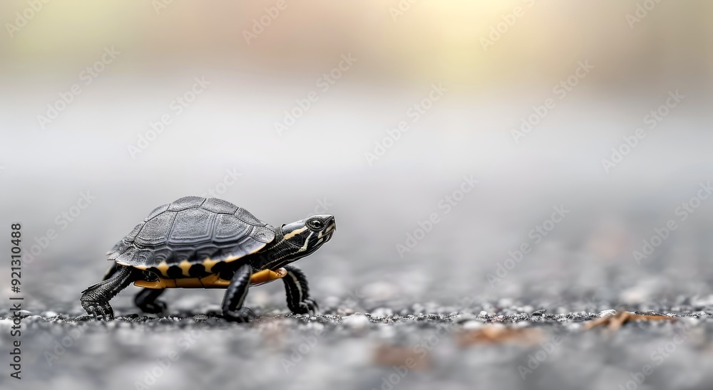 Fototapeta premium Tiny Turtle Crossing A Paved Road Under Soft Natural Light