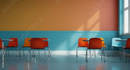 Brightly Colored Classroom With Orange and Blue Walls During Daylight