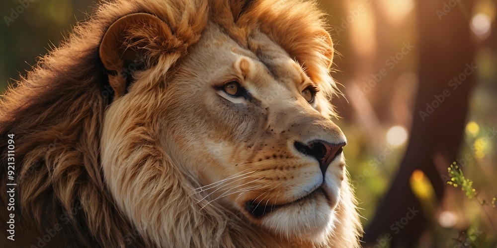 Fototapeta premium Portrait of lion standing on Jungle With Soft Blour And Sunray Nature Background