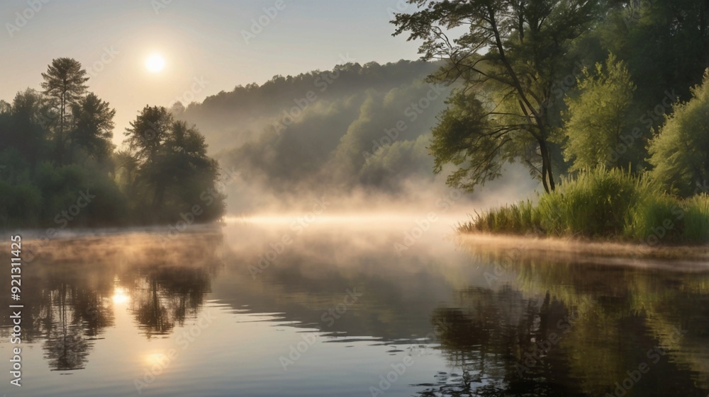 A peaceful summer morning with mist rising off a quiet lake A peaceful summer morning with mist rising off a quiet lake