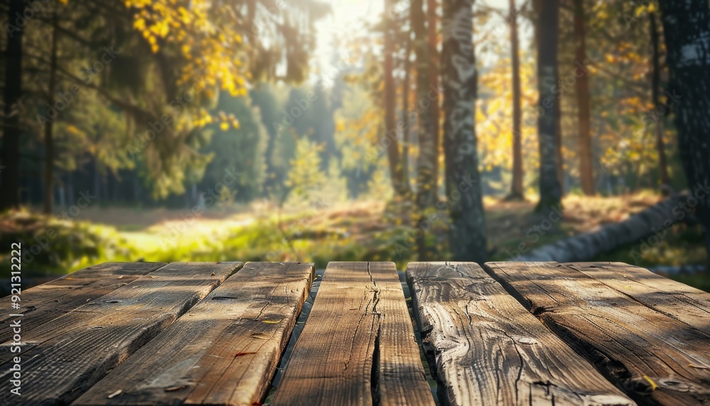 photo showcasing a wooden table set against the blurred backdrop of a serene forest campground photo showcasing a wooden table set against the blurred backdrop of a serene forest campground