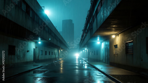 alism architecture, brutalist building at rainy night photo