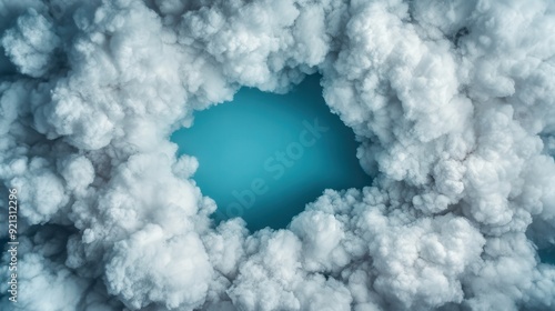 A dramatic scene of clouds creating a circular opening with a clear blue sky visible through the gap, giving a sense of tranquility and awe.