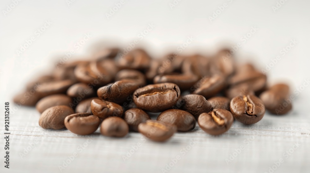 Naklejka premium Freshly Roasted Coffee Beans Piled on a Light Surface