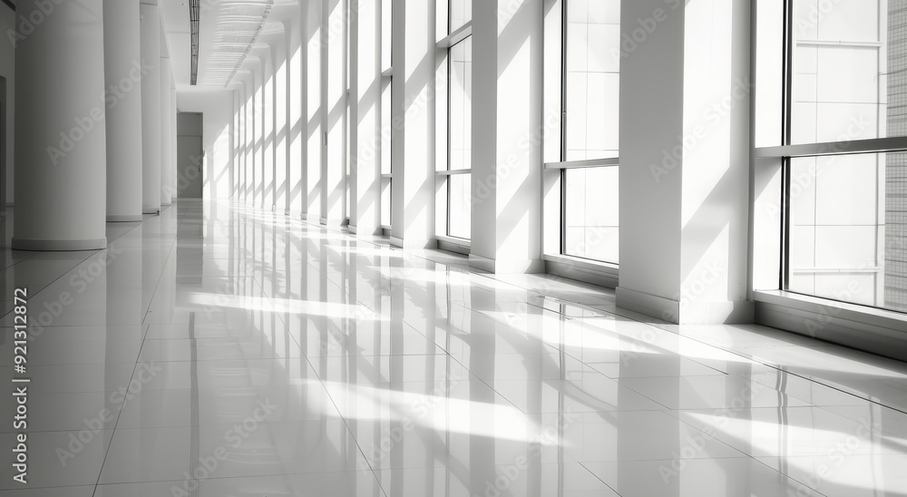 Modern Interior Hallway With Natural Light Streaming Through Windows at Midday Modern Interior Hallway With Natural Light Streaming Through Windows at Midday