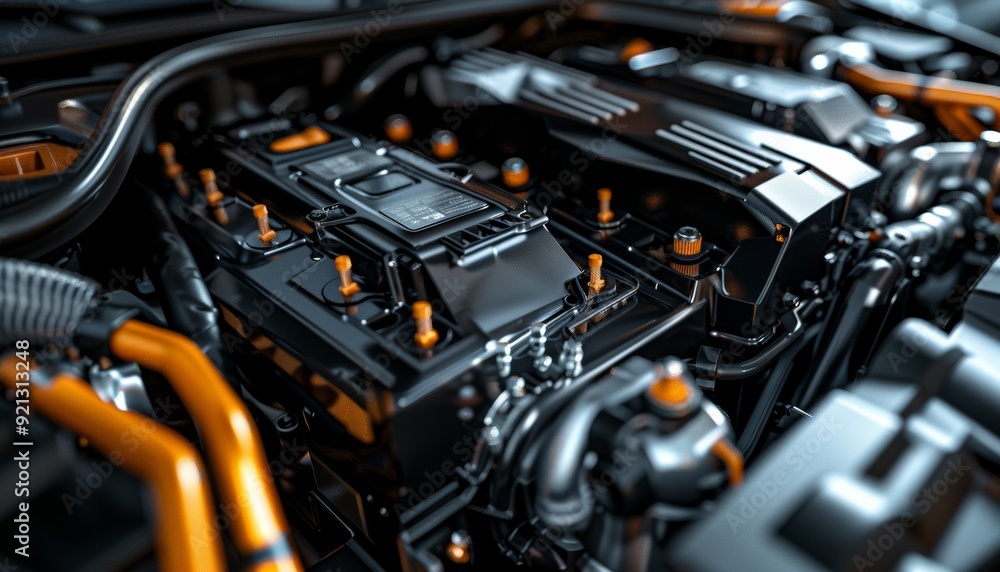 Fototapeta premium Close-up of a car battery in the engine compartment, highlighting its crucial role in vehicle