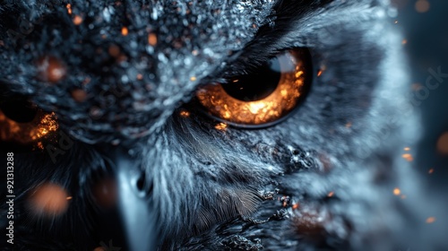 An intense close-up of an owl featuring glowing fiery orange eyes and dark, textured feathers, creating a dramatic and captivating visual effect.