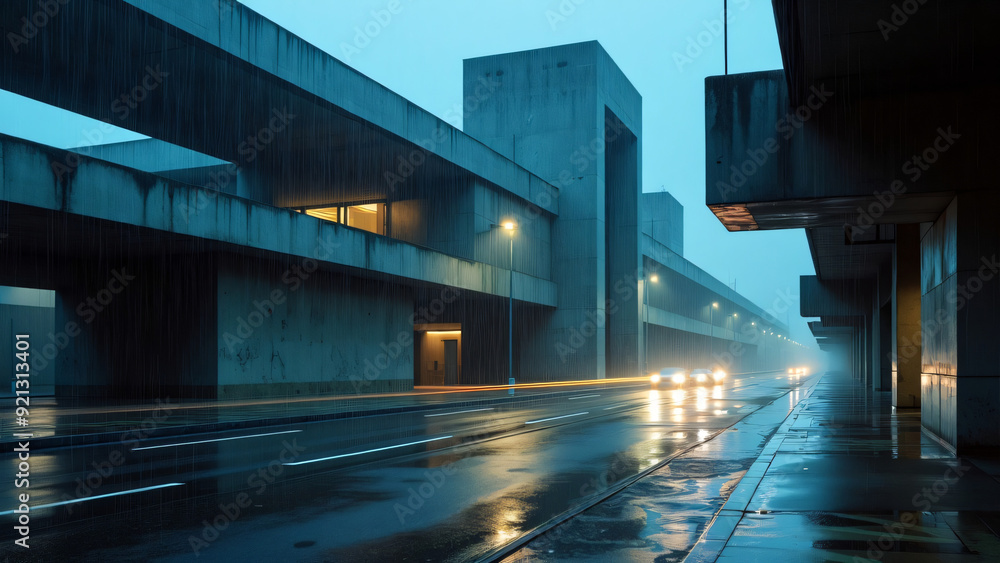 Fototapeta premium brutalism architecture, brutalist building at rainy night