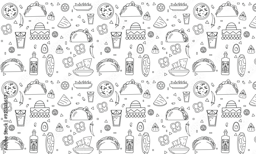 Mexican tradition Food Vector Seamless pattern. Hand drawn doodle Tequila, corn tortilla, taco, burritos, guacamole, nachos corn chips Mexican tradition Food Vector Seamless pattern. Hand drawn doodle Tequila, corn tortilla, taco, burritos, guacamole, nachos corn chips
