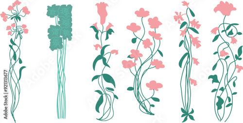 Assortment of contemporary plants in Art Nouveau style, with intricate details for graphic use, classical art, Art Deco, hand-drawn vector art.