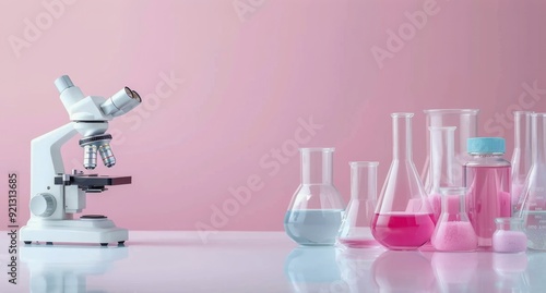 Laboratory Microscopy Setup With Glassware and Pink Background in Modern Scie...