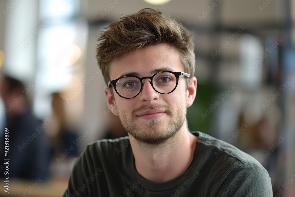 Obraz premium A young man with glasses is seated at a table, appearing focused and engaged in his work or studies, Internship and work experience