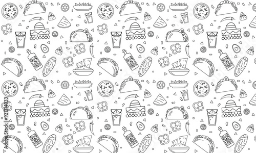 Mexican tradition Food Vector Seamless pattern. Hand drawn doodle Tequila, corn tortilla, taco, burritos, guacamole, nachos corn chips