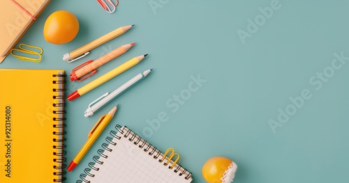 Colorful Stationery and School Supplies on a Light Blue Background