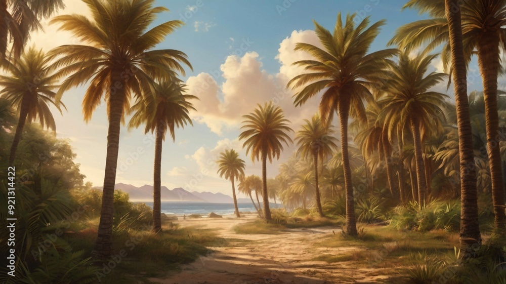 A warm summer breeze rustling through tall, swaying palm trees A warm summer breeze rustling through tall, swaying palm trees
