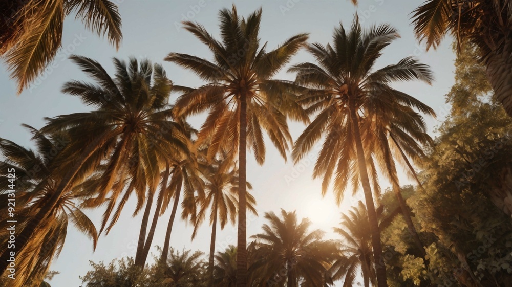 A warm summer breeze rustling through tall, swaying palm trees A warm summer breeze rustling through tall, swaying palm trees