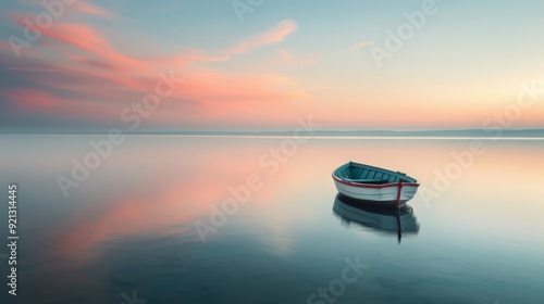Solitary Boat Floating on Calm Water at Sunrise in Tranquil Landscape
