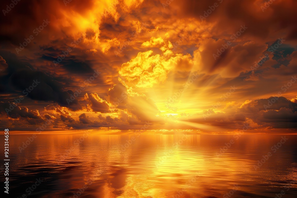 Gold Sunset over the Sea. Abstract Sky with Dark Clouds and Bright Rays of Light Gold Sunset over the Sea. Abstract Sky with Dark Clouds and Bright Rays of Light