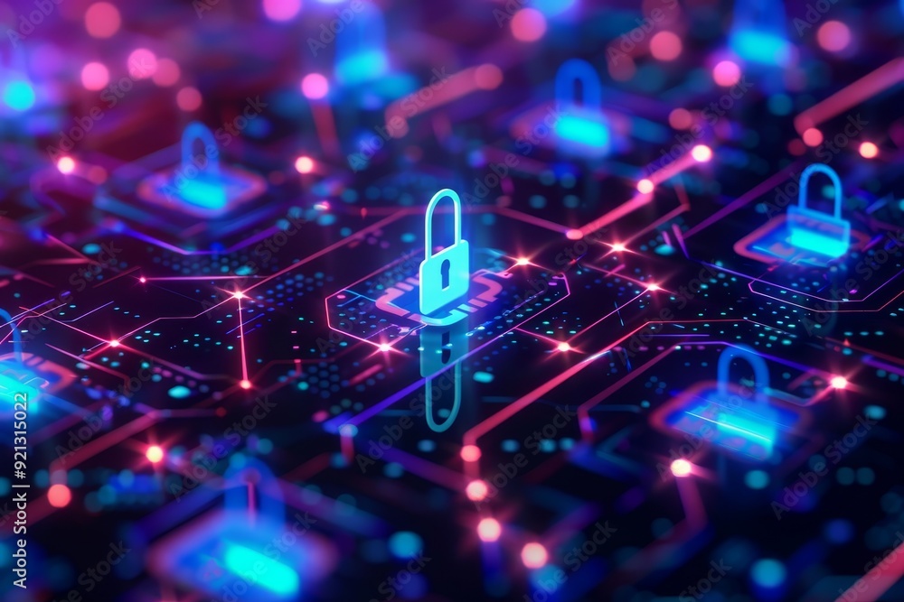 Obraz premium A padlock securely fastened on a circuit board, symbolizing data security and protection from breaches, Interpret the idea of data breaches and their consequences for online privacy