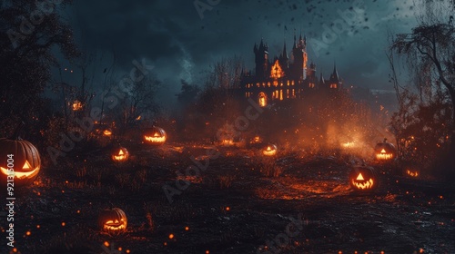 This Halloween, take a look at a majestic castle filled with glowing pumpkins underneath a full moon. Stock Image