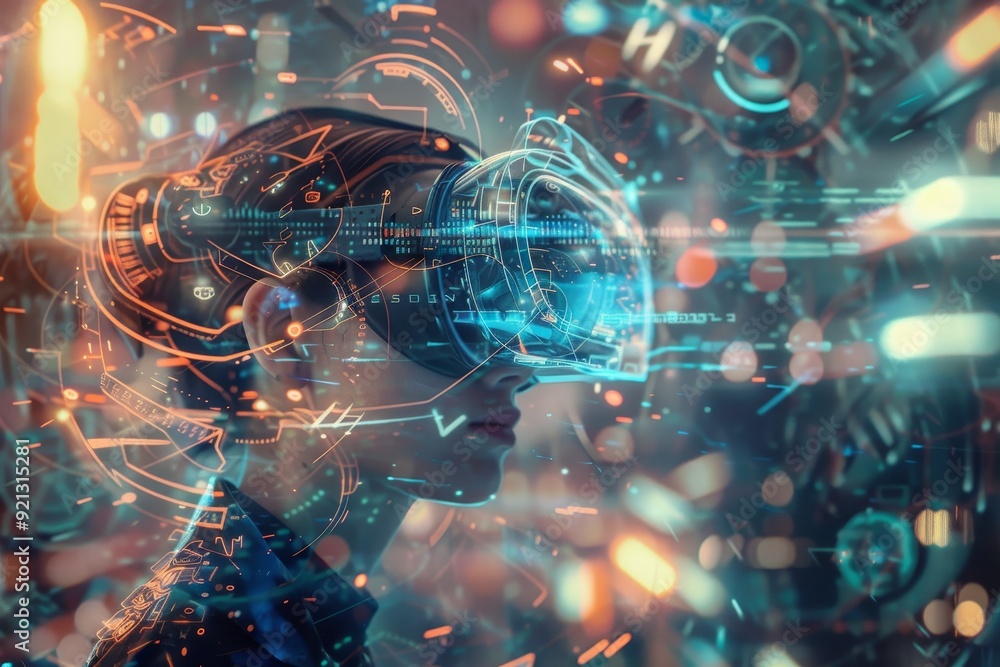 A woman is shown wearing a virtual reality headset, engaging with digital content in an immersive environment, Interpretation of technology enabling seamless communication among remote individuals A woman is shown wearing a virtual reality headset, engaging with digital content in an immersive environment, Interpretation of technology enabling seamless communication among remote individuals