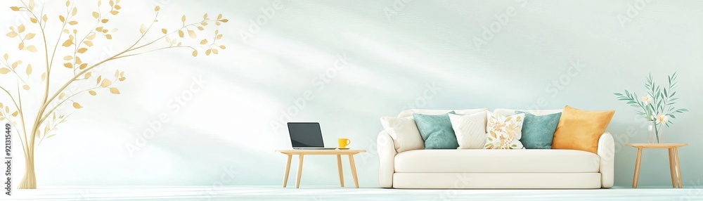 Fototapeta premium A Scandinavian-inspired living room setup with a plush sofa, adjustable coffee table, and laptop, combining elegance with functionality