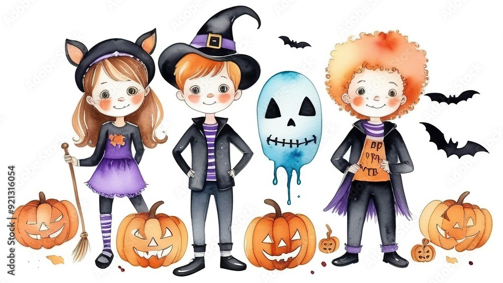 watercolor illustration of a Halloween witch and wizard, pumpkins and ghosts in a cute cartoon style on a white background, watercolor illustration of a Halloween witch and wizard, pumpkins and ghosts in a cute cartoon style on a white background,