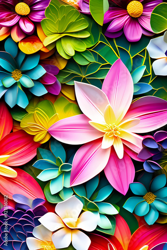 Surrealistic mosaic pattern made of flowers and leaf, vibrant illustration wallpaper 