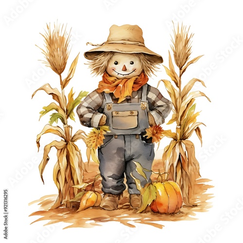 Watercolor cute scarecrow illustration isolated on white background. Autumn Thanksgiving and Halloween celebration decor. photo