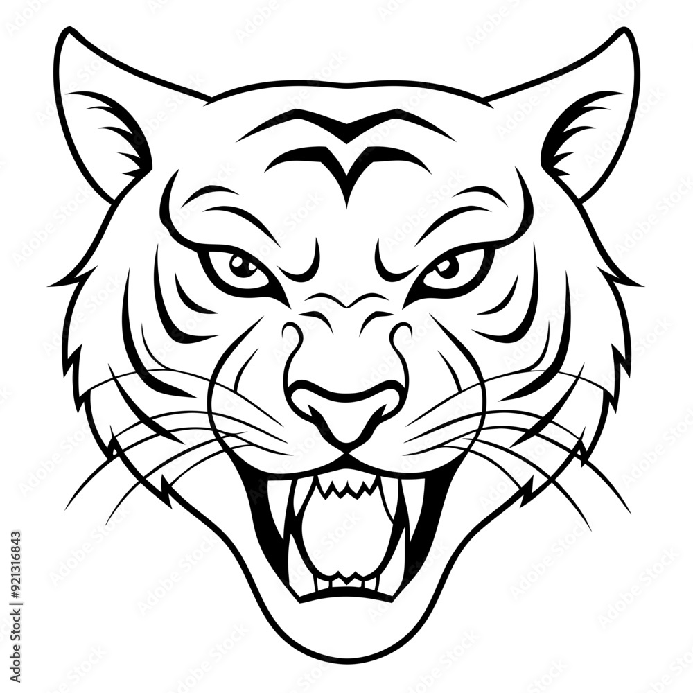 Obraz premium Ferocious Tiger Head Vector Illustration Black and White Line Art Animal Face for Tattoos and Logos
