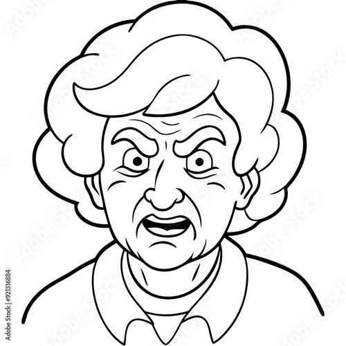 Angry Elderly Woman Line Art Vector Black White Illustration Facial Expression Emotions Reaction