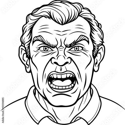 Angry Man Yelling Vector Illustration Black and White Line Art Expressive Facial Expression