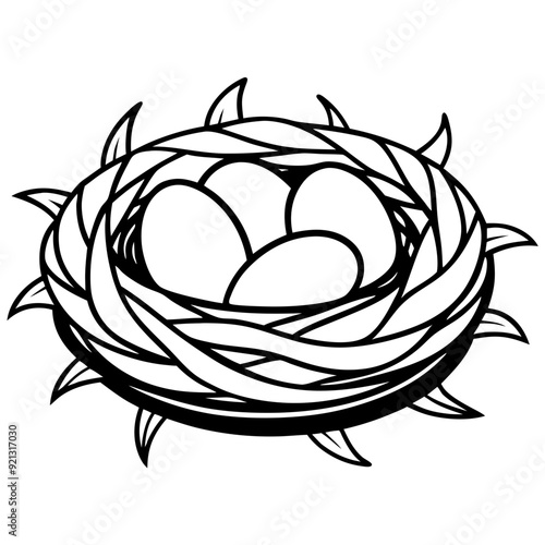 Bird Nest With Eggs Vector Illustration Black And White Outline, Symbol of Nature and New Life