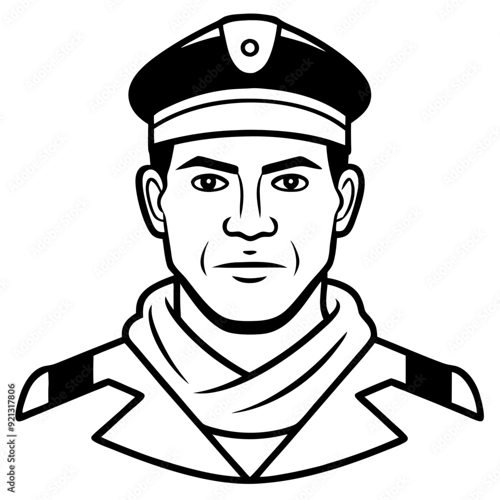 Military Officer Portrait Vector Illustration Black and White Drawing Uniform Hat Detailed Design Military Officer Portrait Vector Illustration Black and White Drawing Uniform Hat Detailed Design