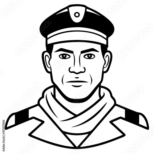 Military Officer Portrait Vector Illustration Black and White Drawing Uniform Hat Detailed Design
