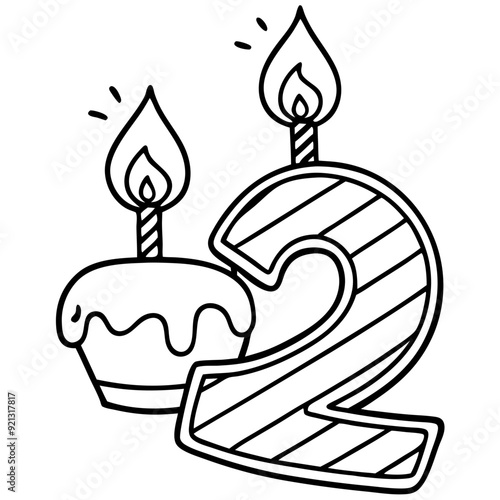 Second Birthday Celebration Cupcake and Candle Number Two Vector Illustration for Kids Party Decor