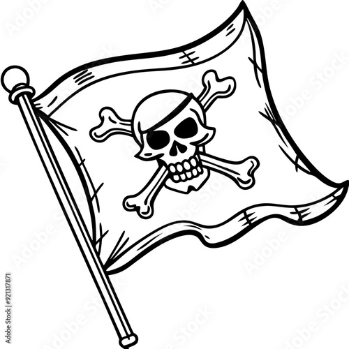 Pirate Flag Vector Illustration with Skull and Crossbones Black and White Outline Cartoon Style