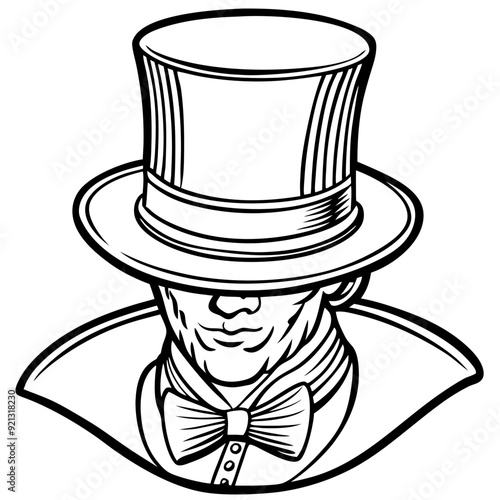 Vintage Gentleman with Top Hat and Bow Tie Vector Illustration Retro Style Line Art Drawing