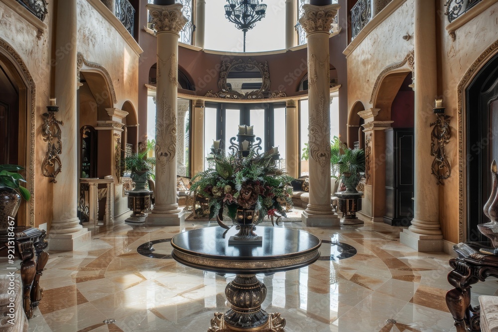 Ornate foyer featuring tall columns and a luxurious chandelier, Intricate architectural details throughout the space Ornate foyer featuring tall columns and a luxurious chandelier, Intricate architectural details throughout the space