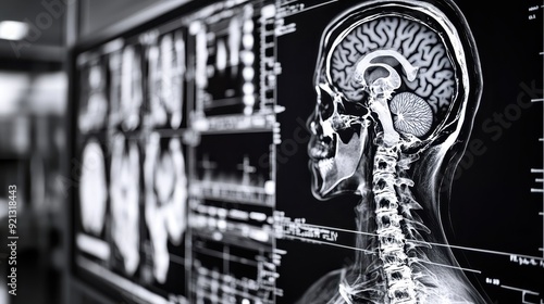 Detailed medical scan of a human skull and brain displayed on screens in a hospital or laboratory setting. photo