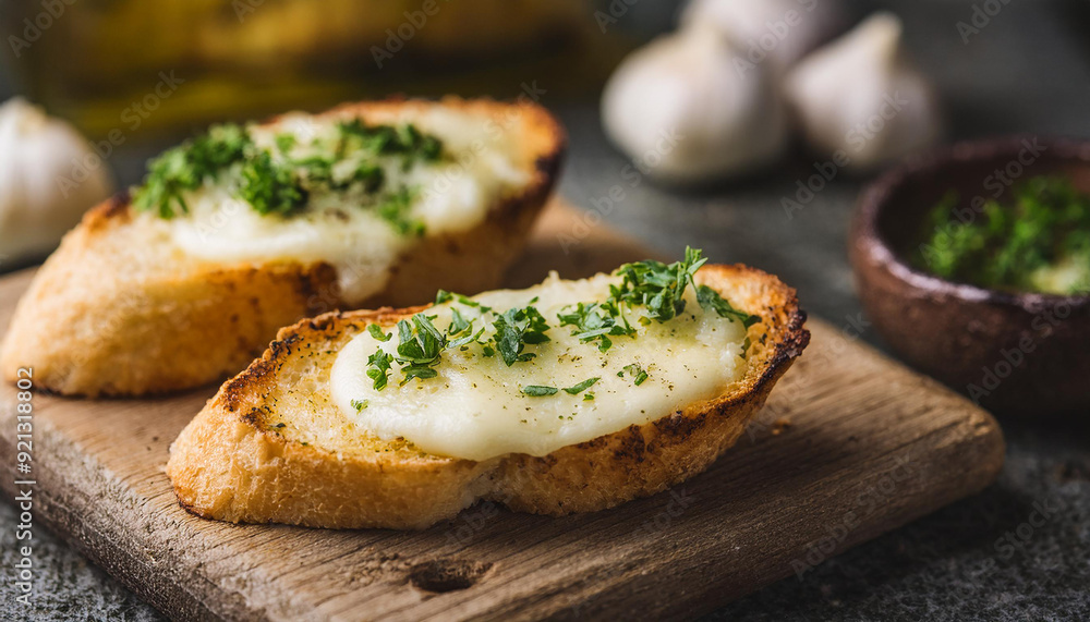 Melted mozzarella cheese on garlic bread topped with herbs. Tasty snack. Delicious food. Melted mozzarella cheese on garlic bread topped with herbs. Tasty snack. Delicious food.