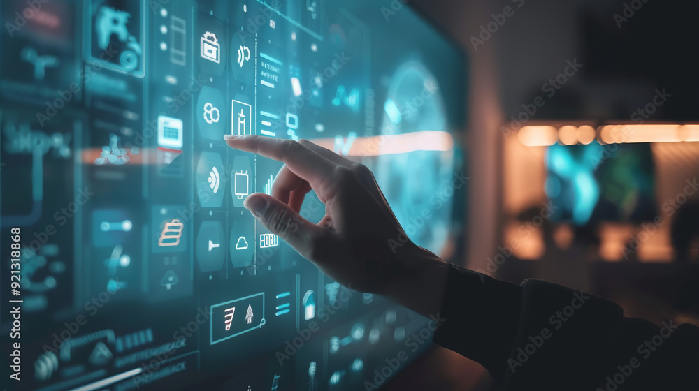 Hands of person operating smart home device on wall Hands of person operating smart home device on wall