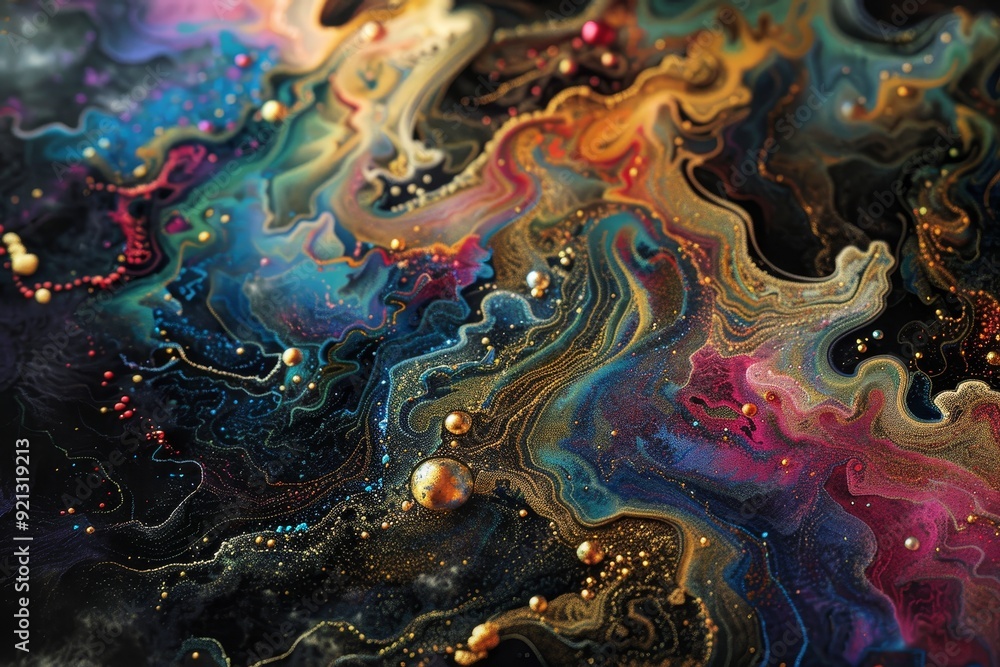 Obraz premium Intricate, vibrant swirls and bubbles in a colorful abstract painting, Intricate designs created with colored powders