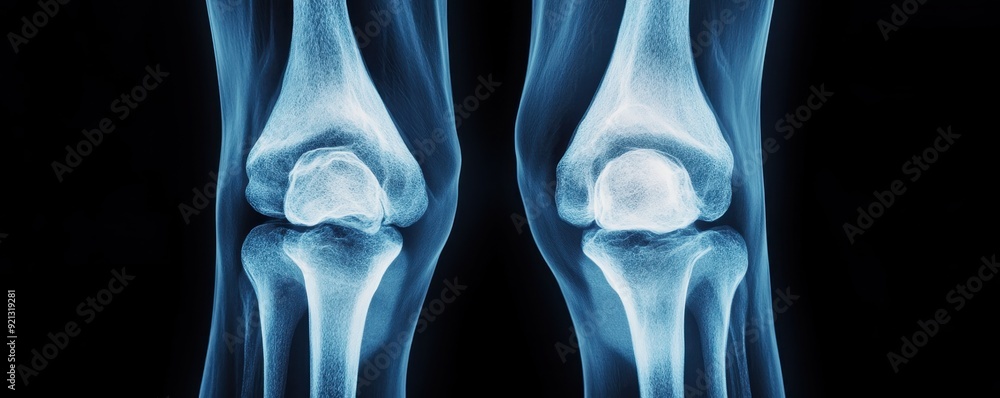 X-ray image of knees showing joint structure in detail, ideal for medical and educational purposes. X-ray image of knees showing joint structure in detail, ideal for medical and educational purposes.