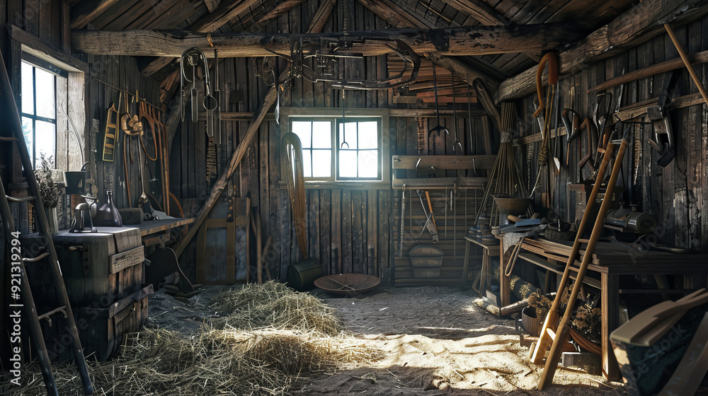 Hayloft view with rustic farm tools Hayloft view with rustic farm tools