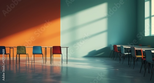 Brightly Colored Classroom With Orange and Blue Walls During Daylight