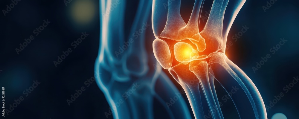 Naklejka premium 3D illustration of a highlighted knee joint showing pain and inflammation, depicting arthritis, injury, or medical condition.