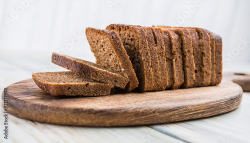 Sliced rye bread on rustic wooden cutting board. Tasty food. Delicious bakery.