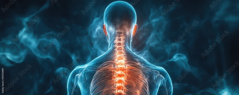 3D rendering of a human spine and central nervous system with glowing highlights, showcasing modern medical technology and anatomy. 3D rendering of a human spine and central nervous system with glowing highlights, showcasing modern medical technology and anatomy.